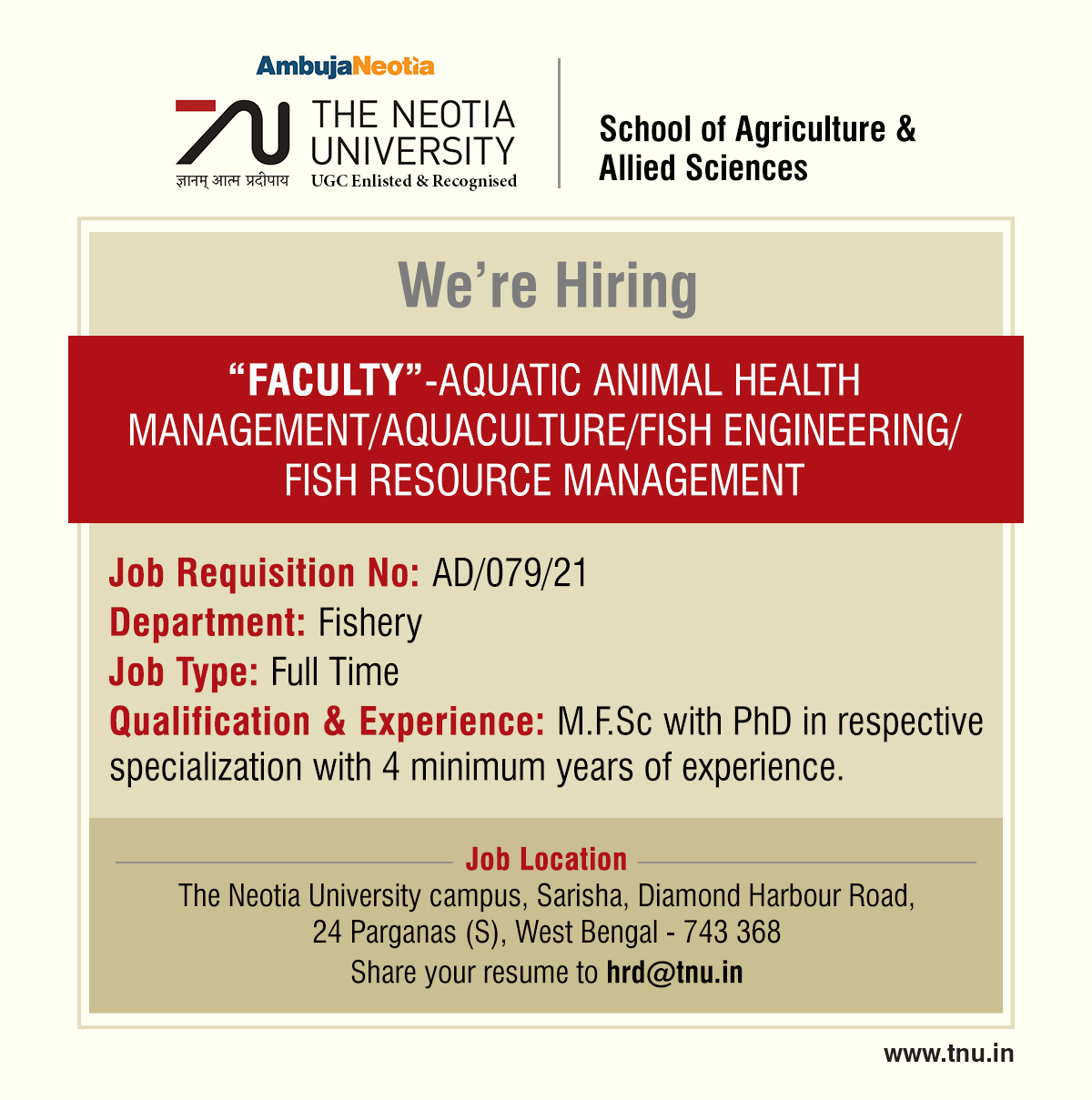 Faculty Aquatic Animal Health Management/Aquaculture/Fish Engineering